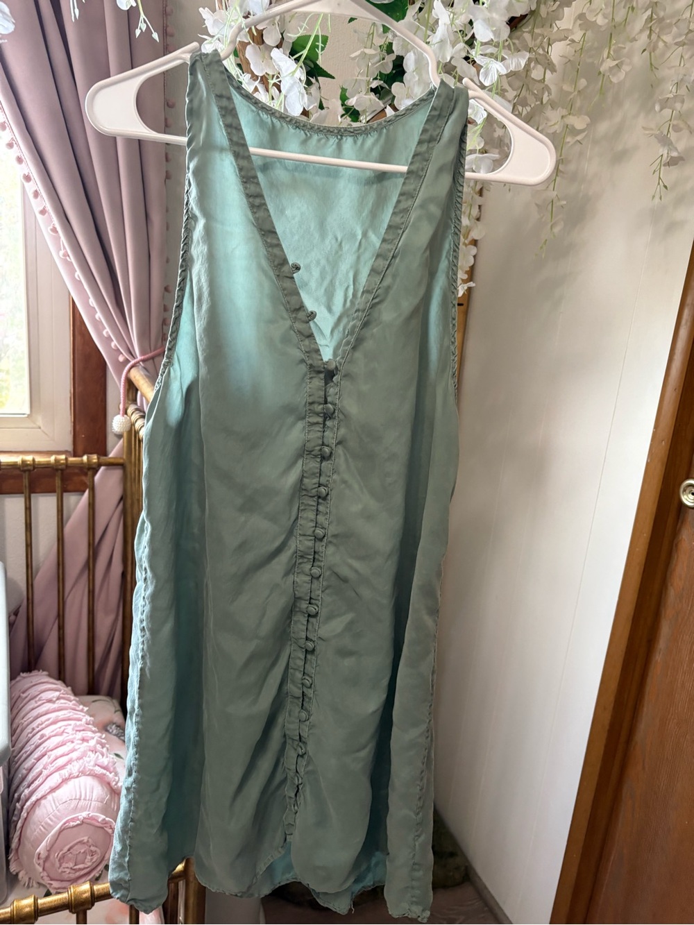 Vintage Sage Green Ruffled Button-Front Slip Dress